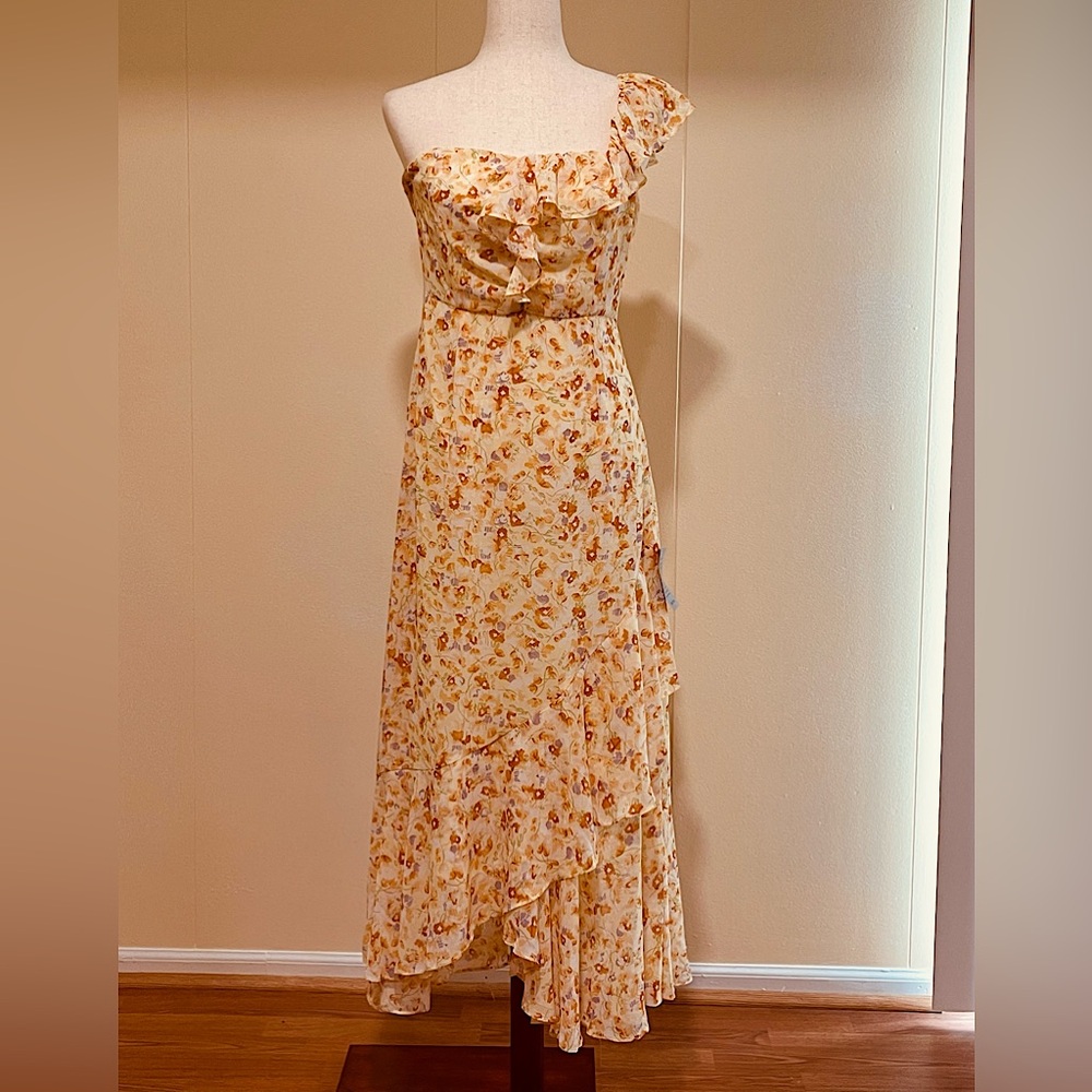 Lush One Sleeve Asymmetrical Ruffle Floral Midi Dress Yellow Multi Size M